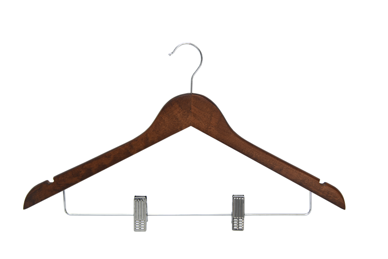 wooden coat hanger with clips brown
