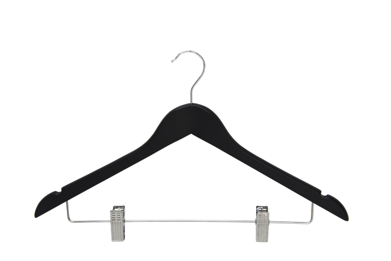 wooden coat hanger with clips black color