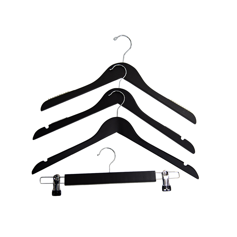 Black clothes hanger with clips